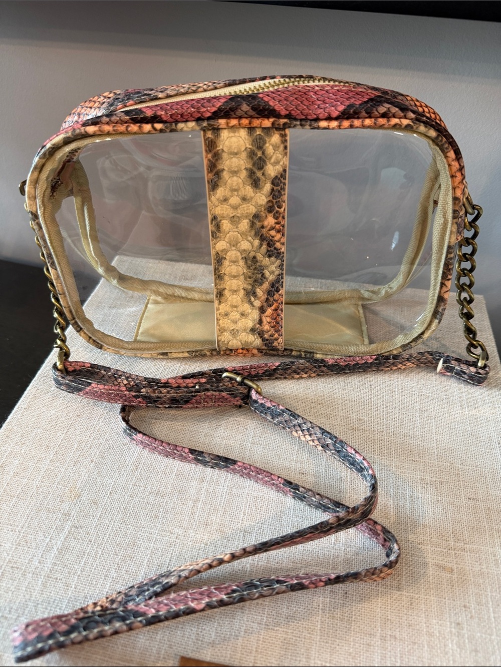 Clear Crossbody Bag with Pink Tan Snake-Print Pouch - Picture 2 of 5